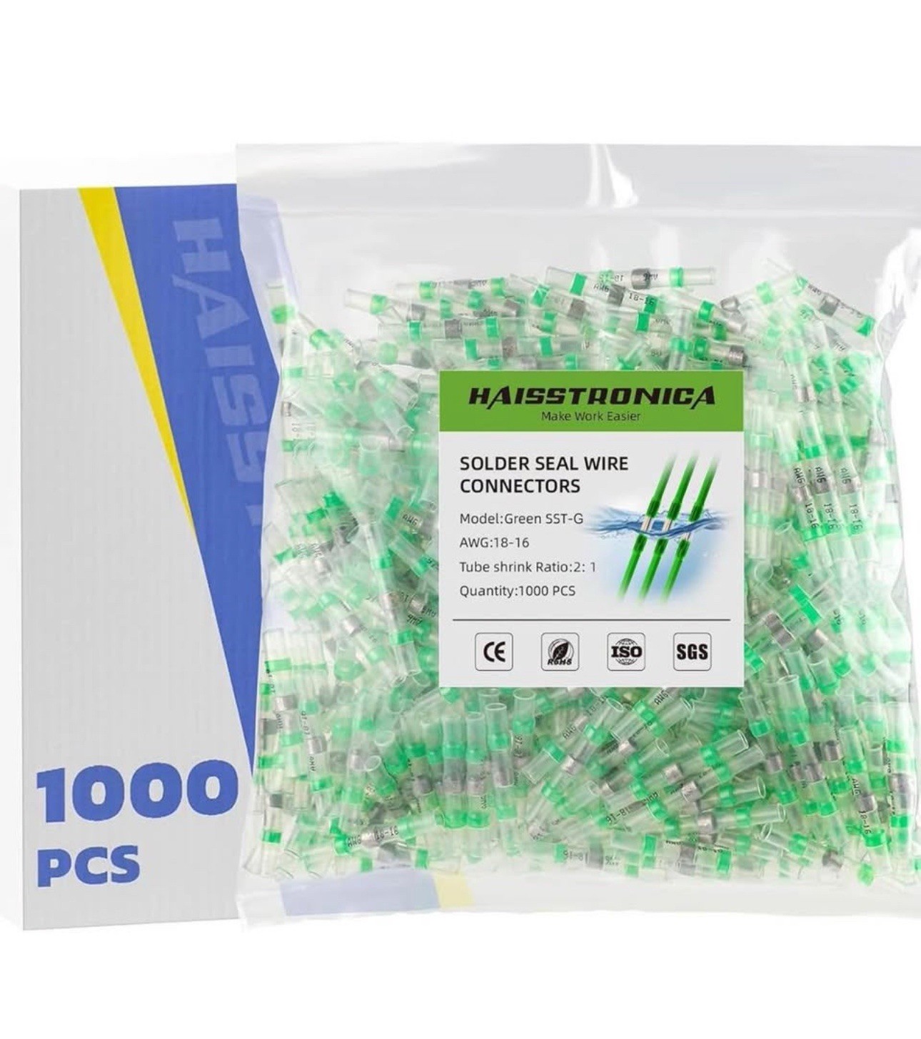 1000PCS Solder Seal Wire Connectors AWG 18-16 Green Marine Grade Haisstronica