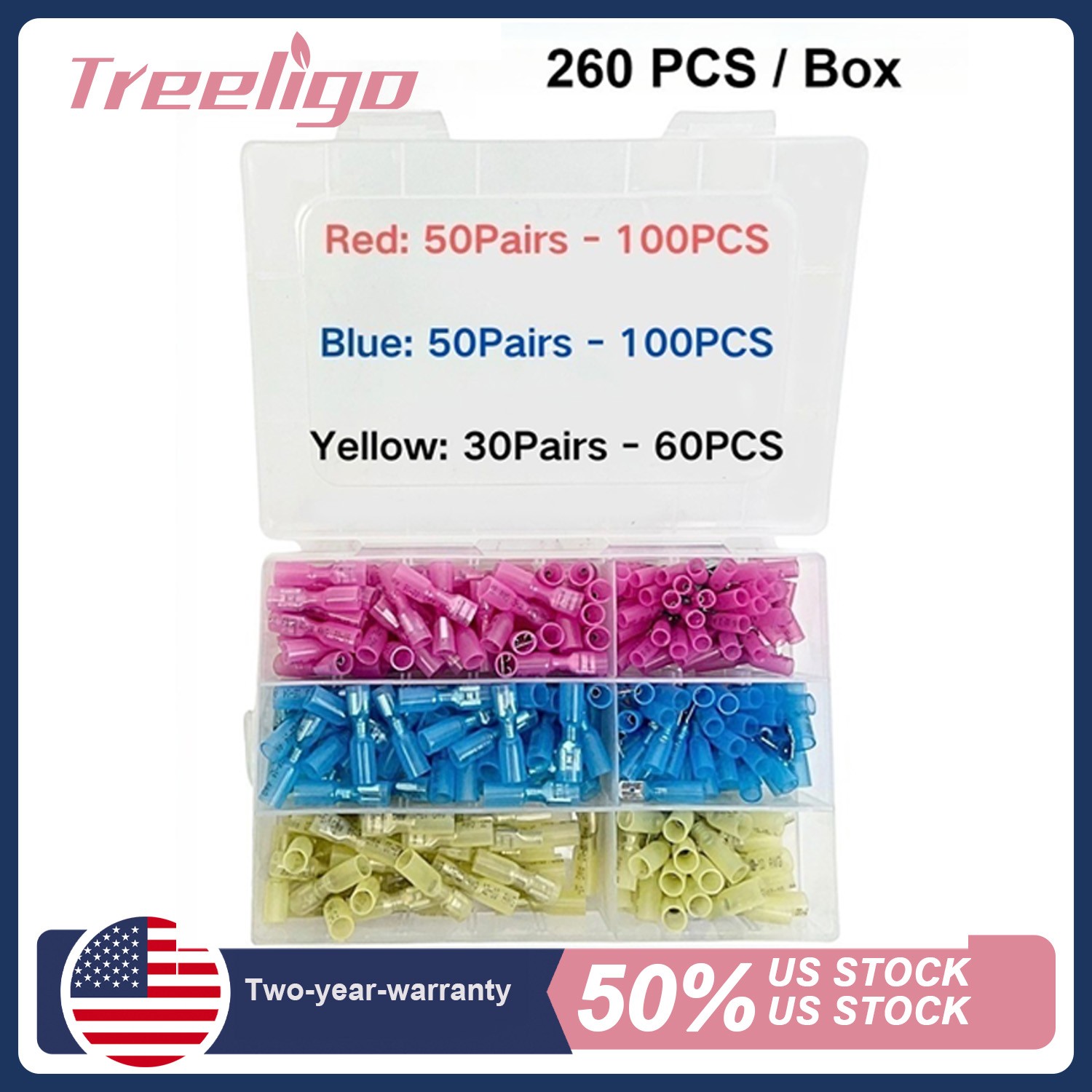 260PCS/BOX US Heat Shrink Spade Wire Connectors Disconnected Crimp Terminals Kit