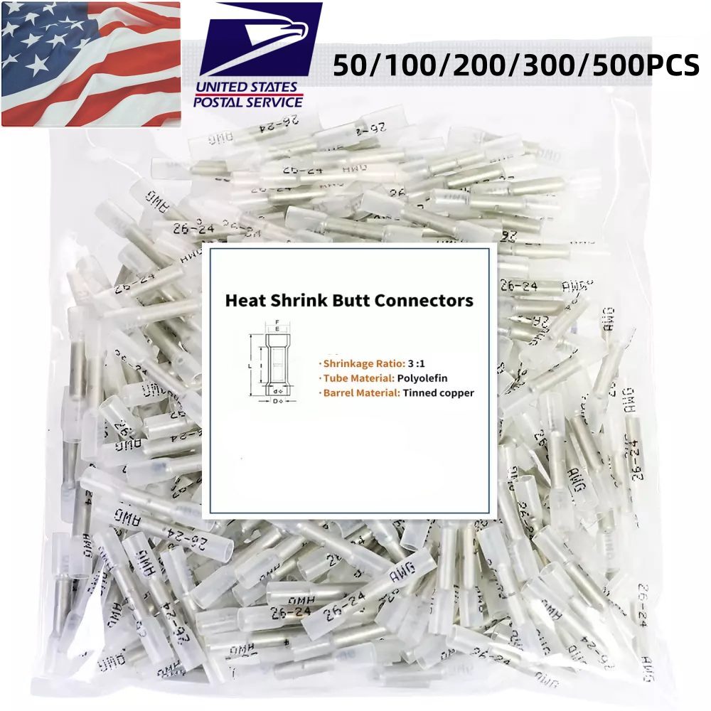 50-500pcs Waterproof 26-22AWG Wire Heat Shrink Butt Connector Splice Terminal