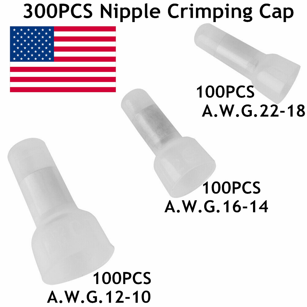 300PCS Closed End Crimp Cap Terminal 22-16 16-14 12-10AWG Gauge Wire Connectors