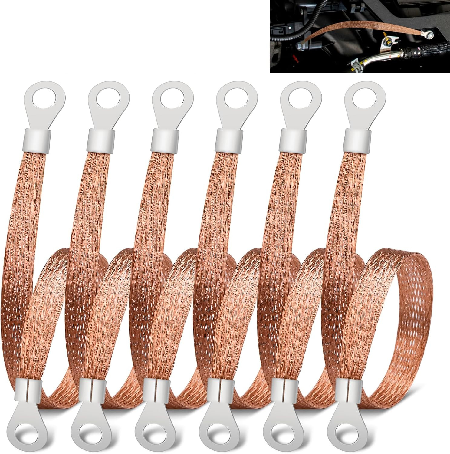 6 PCS Universal Automotive Braided Copper Ground Strap, 12 Inch Engine Ground
