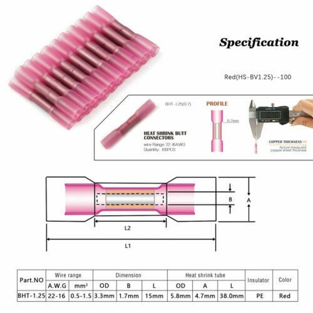 1000Pcs Heat Shrink Wire Connectors Red 22-16AWG Butt Seal Terminals Waterproof