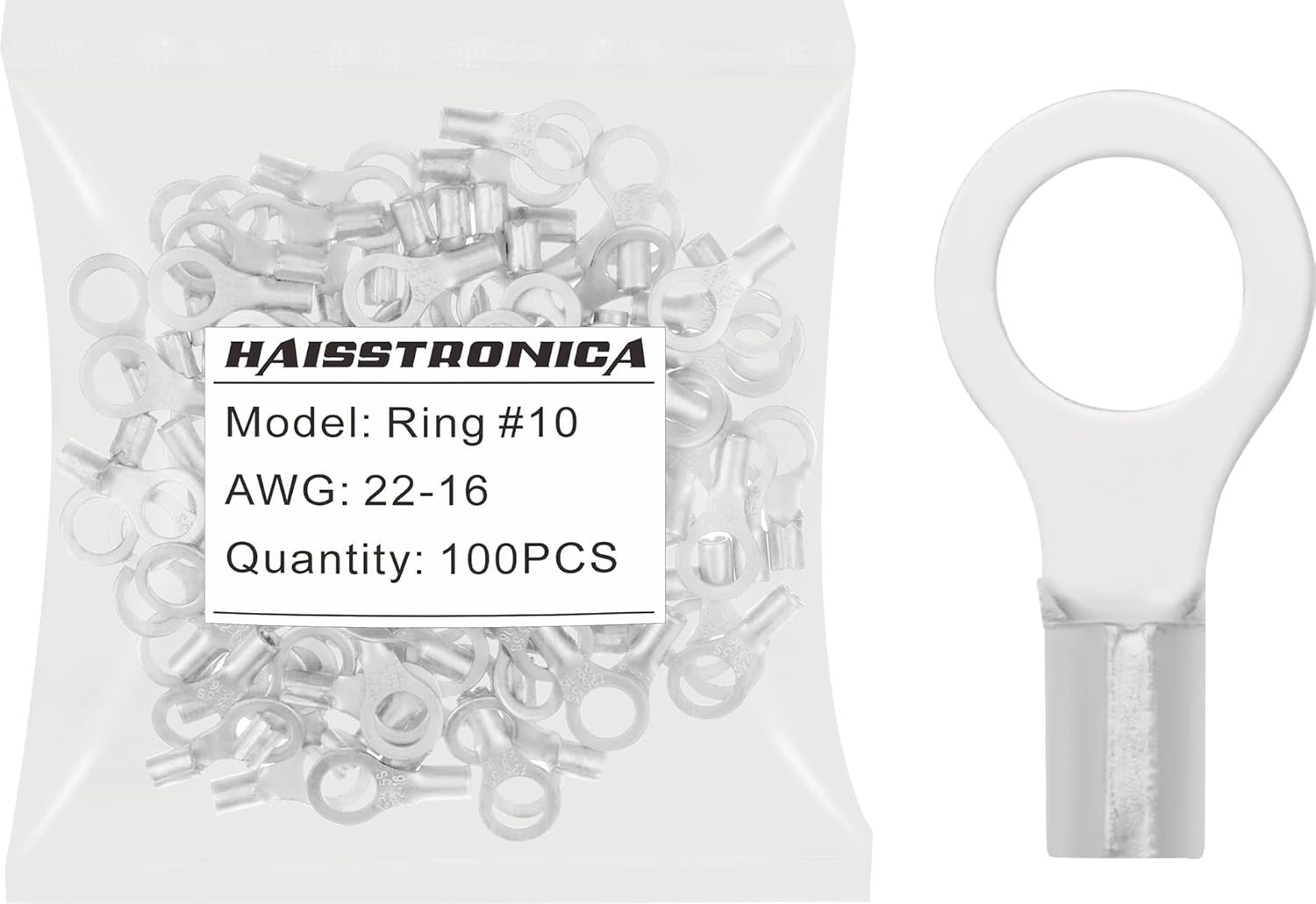 haisstronica 100pcs #10 Ring Terminals,AWG 22-16 Brazed Seam AWG22-16, Silver