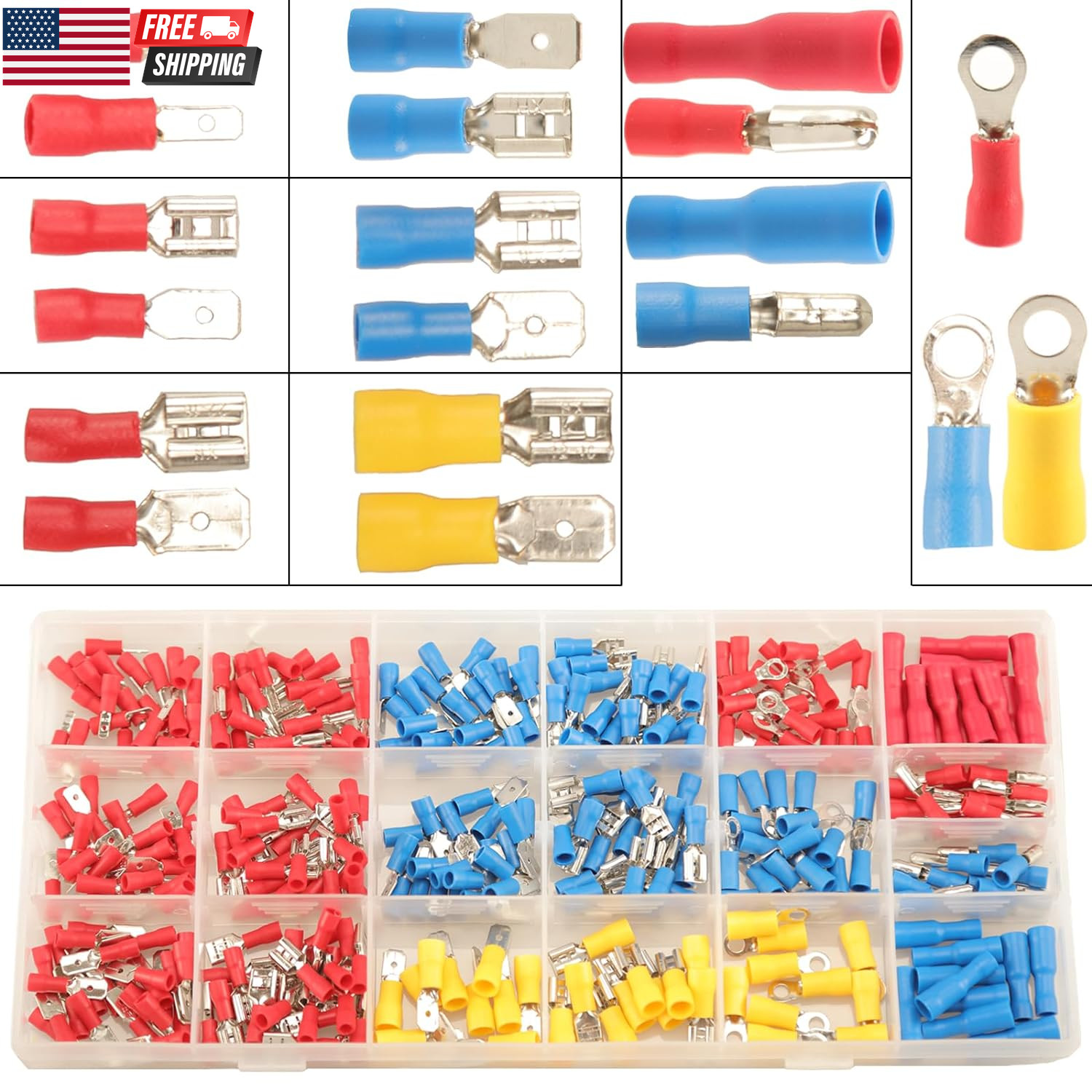 350Pcs 19 Types Crimp Connectors, 2.8Mm, 4.8Mm, 6.3Mm Male and Female Spade Term