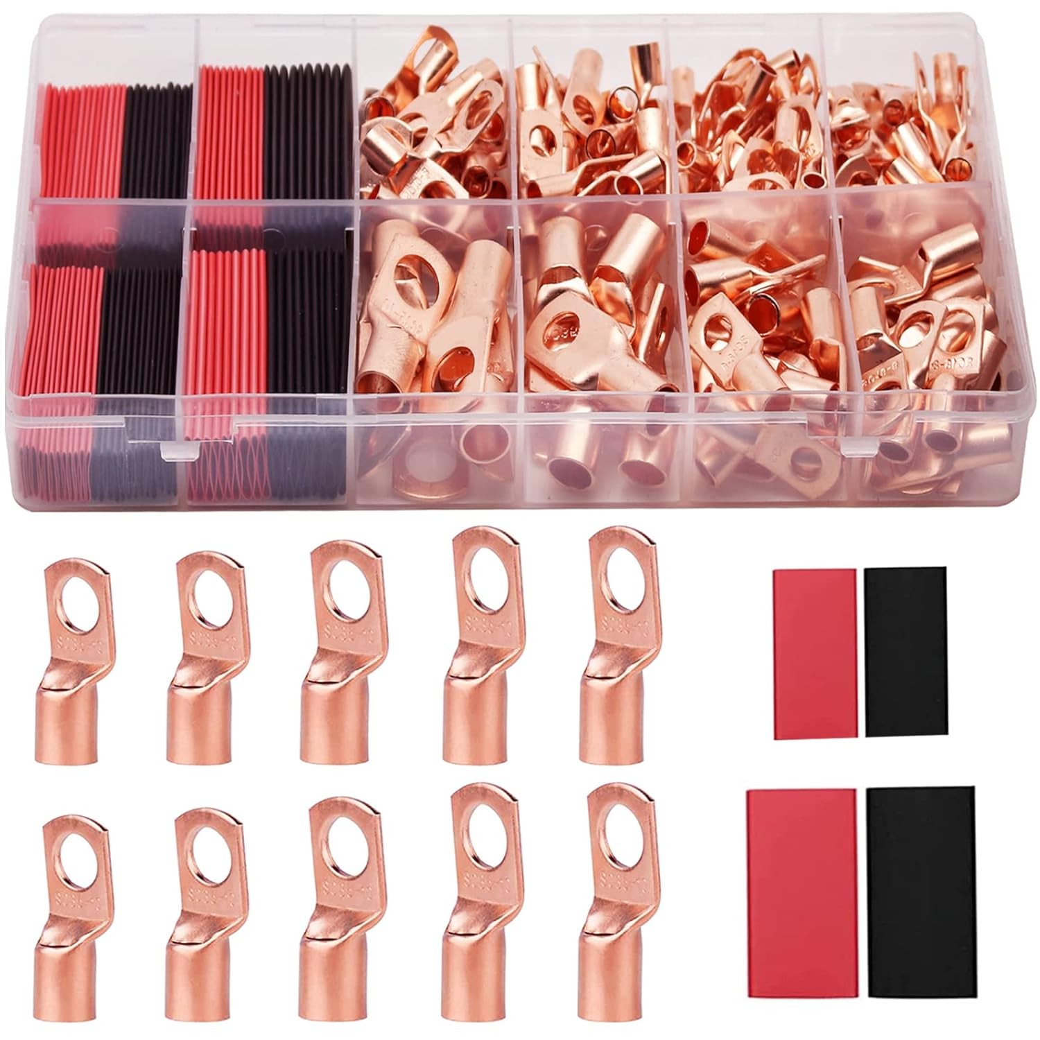 TKDMR 160Pcs Copper Wire Lugs AWG2 4 6 8 10 12 with Heat Shrink 10 Kind Sizes