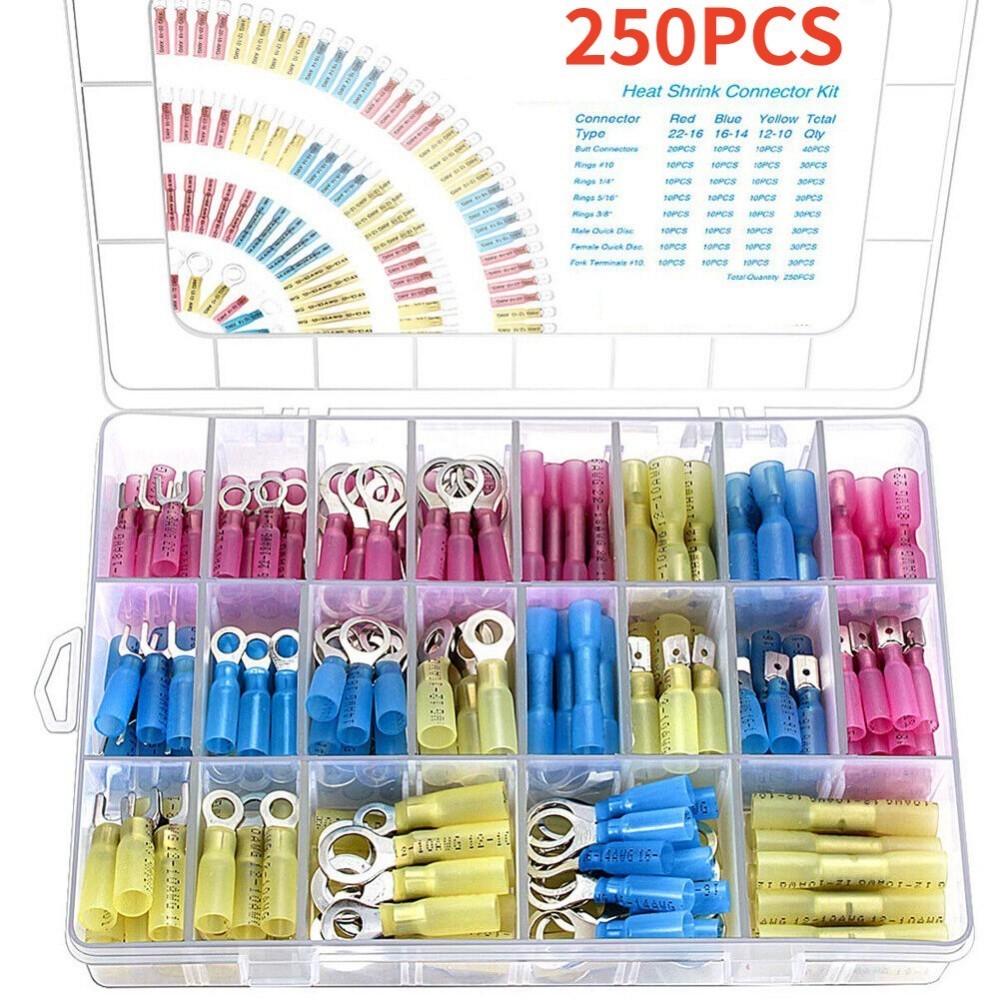 250X Assortment Heat Shrink Ring Spade Crimp Electrical Terminal Wire Connectors