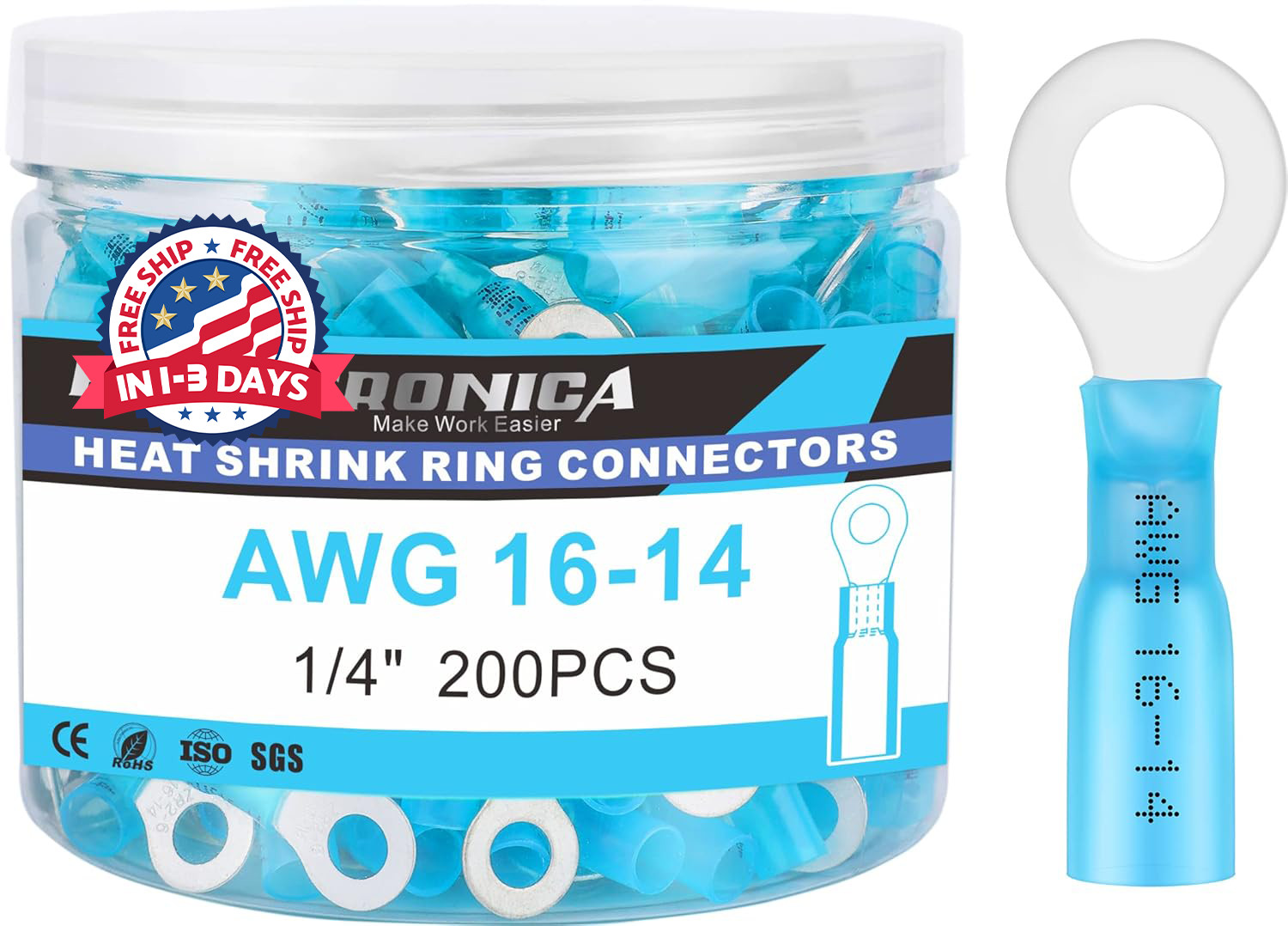 200 terminales de anillo termorretráctil de 1/4″ para cables de calidad marina