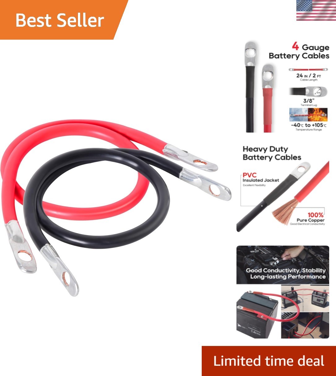 4 AWG Battery Cable 24-Inch Battery Inverter Cables Set All Copper Conductor …