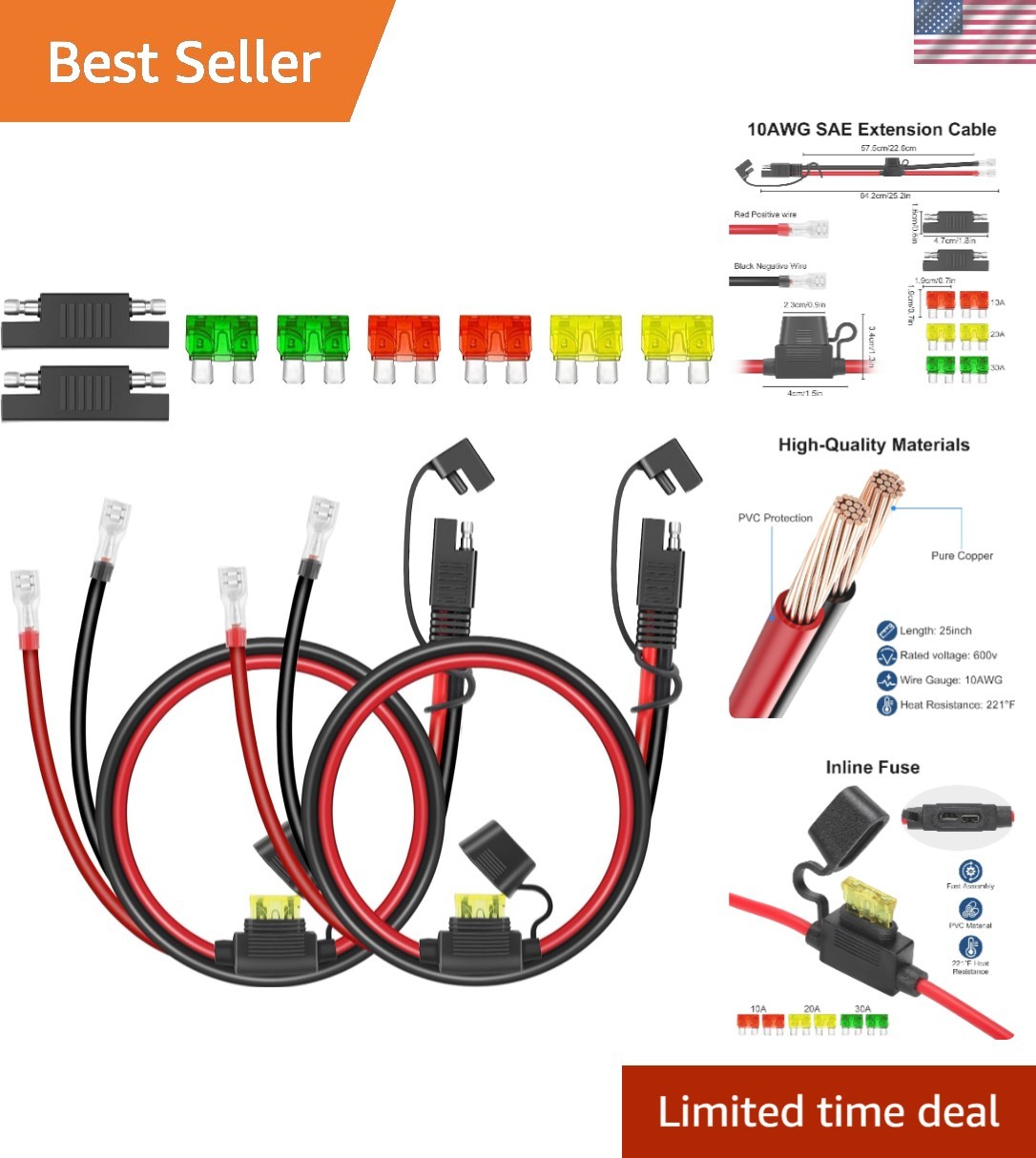 SAE Battery Connector Kit with 15A/20A/30A Fuses for Solar Car Motorcycle RV