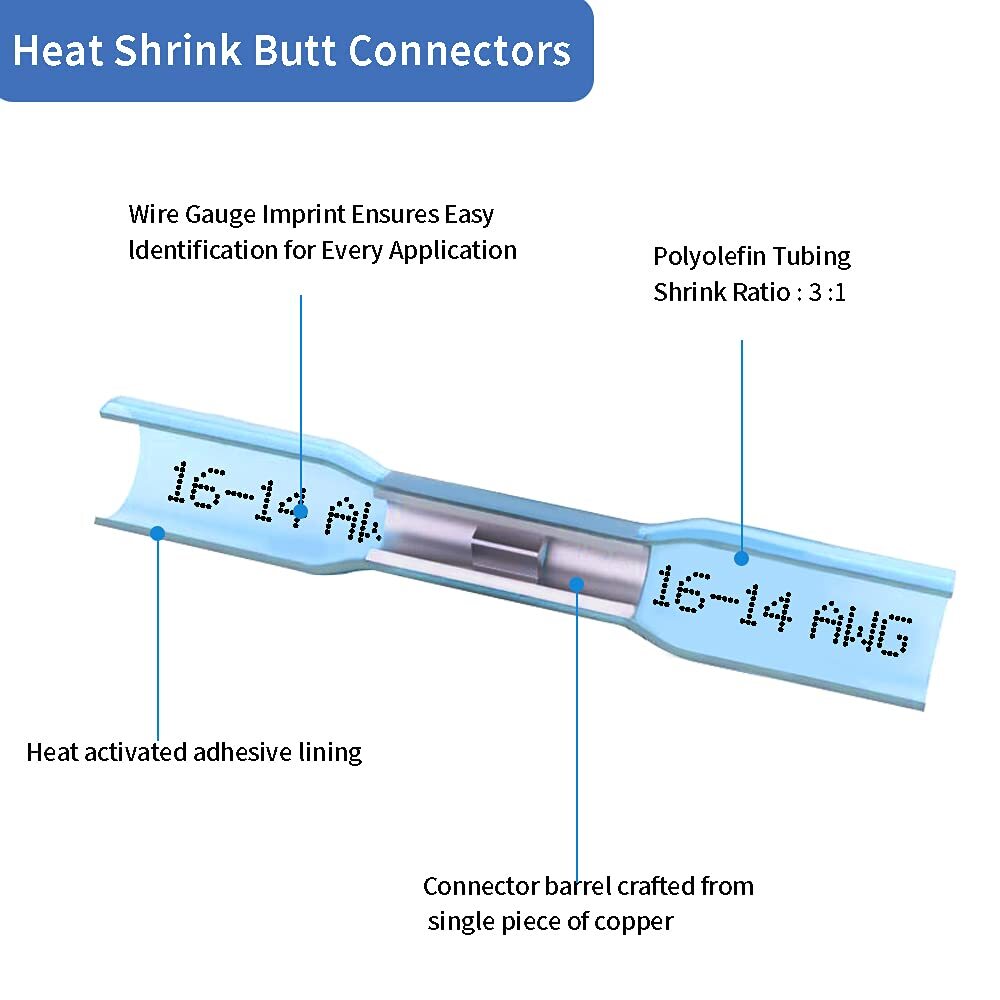 Blue Heat Shrink Butt Connectors 100 Pcs Waterproof for Wiring 16-14 AWG