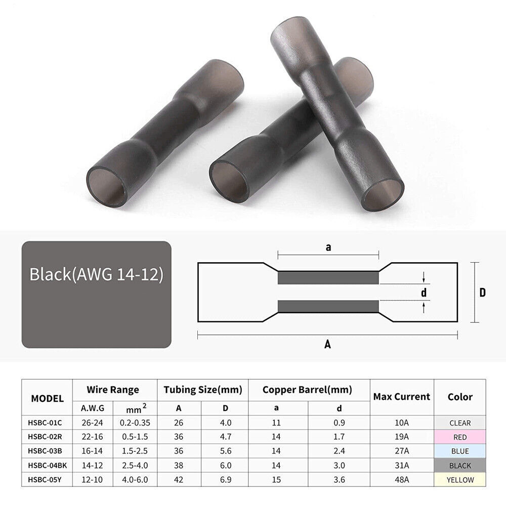 Heat Shrink Butt Wire Splice Connector Crimp Terminals WaterproofBlack 14-12AWG