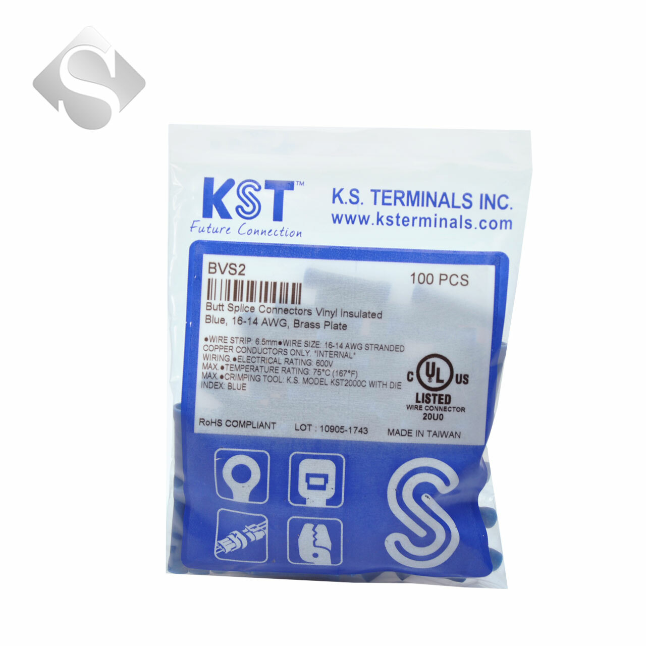 100 Pc Butt Splice Wire Crimp Connector 16-14 Gauge Blue Vinyl Insulated Brass