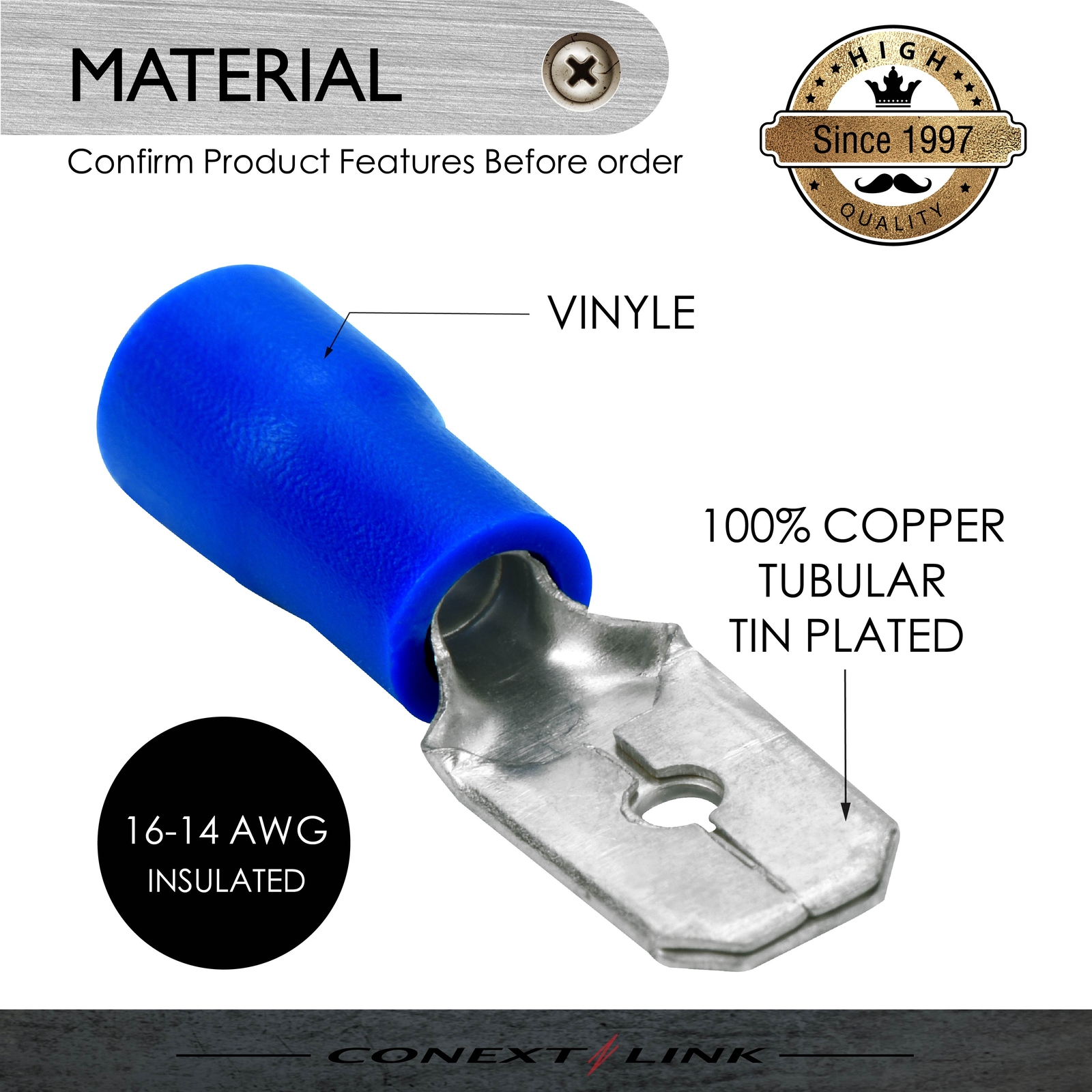 100 Vinyl Male Quick Disconnect Terminal 16-14 GA AWG gauge Blue 0.250″ Wire Car
