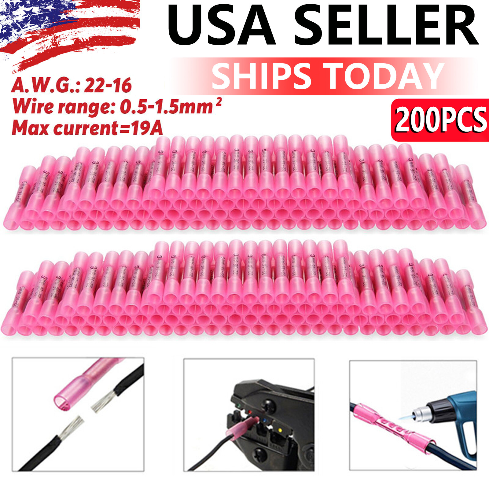 200PCS 22-16 AWG Heat Shrink Butt Wire Splice Connectors Seal Crimp Terminals US