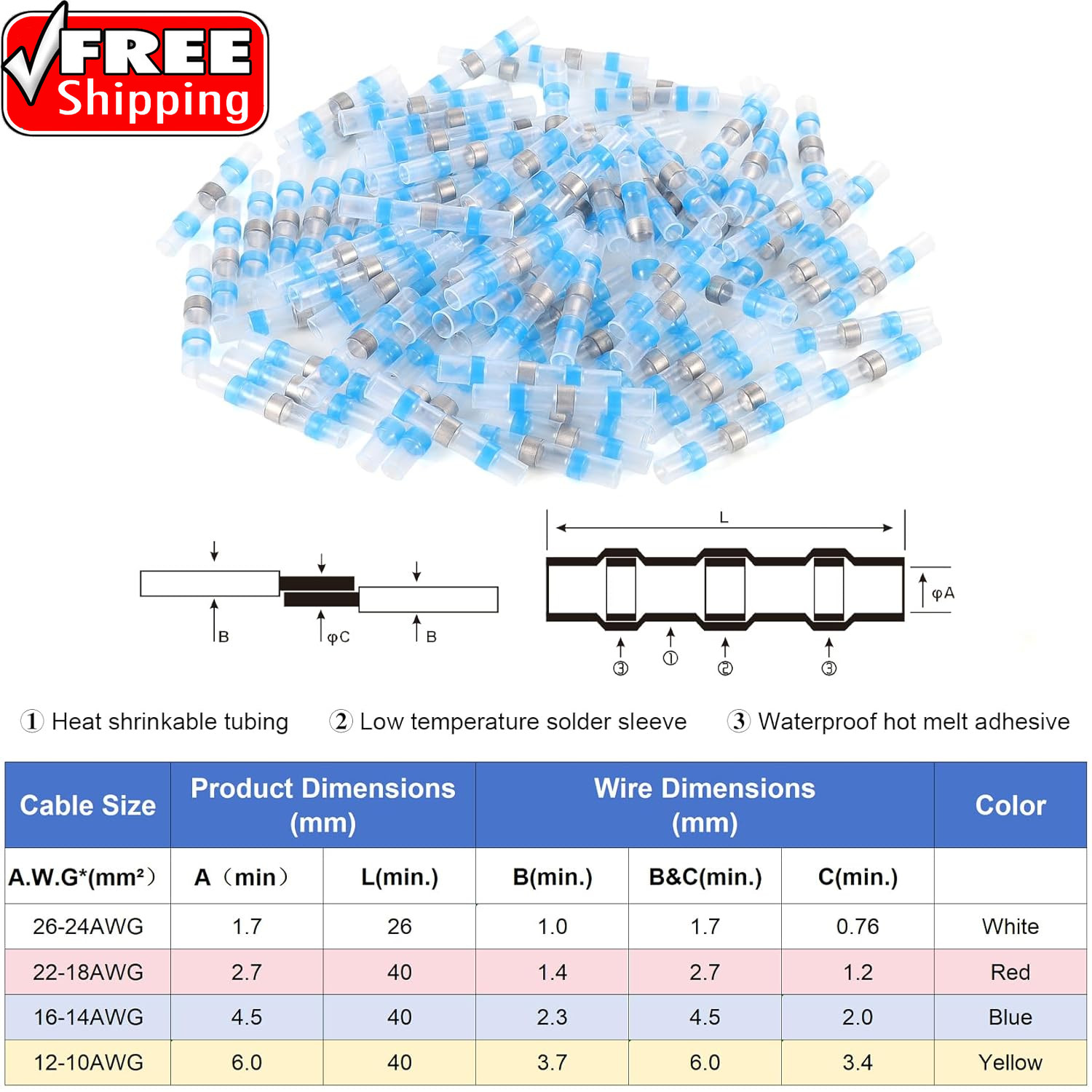 100PCS Blue Waterproof Solder Seal Wire Connectors 16-14 AWG, Heat Shrink Butt C