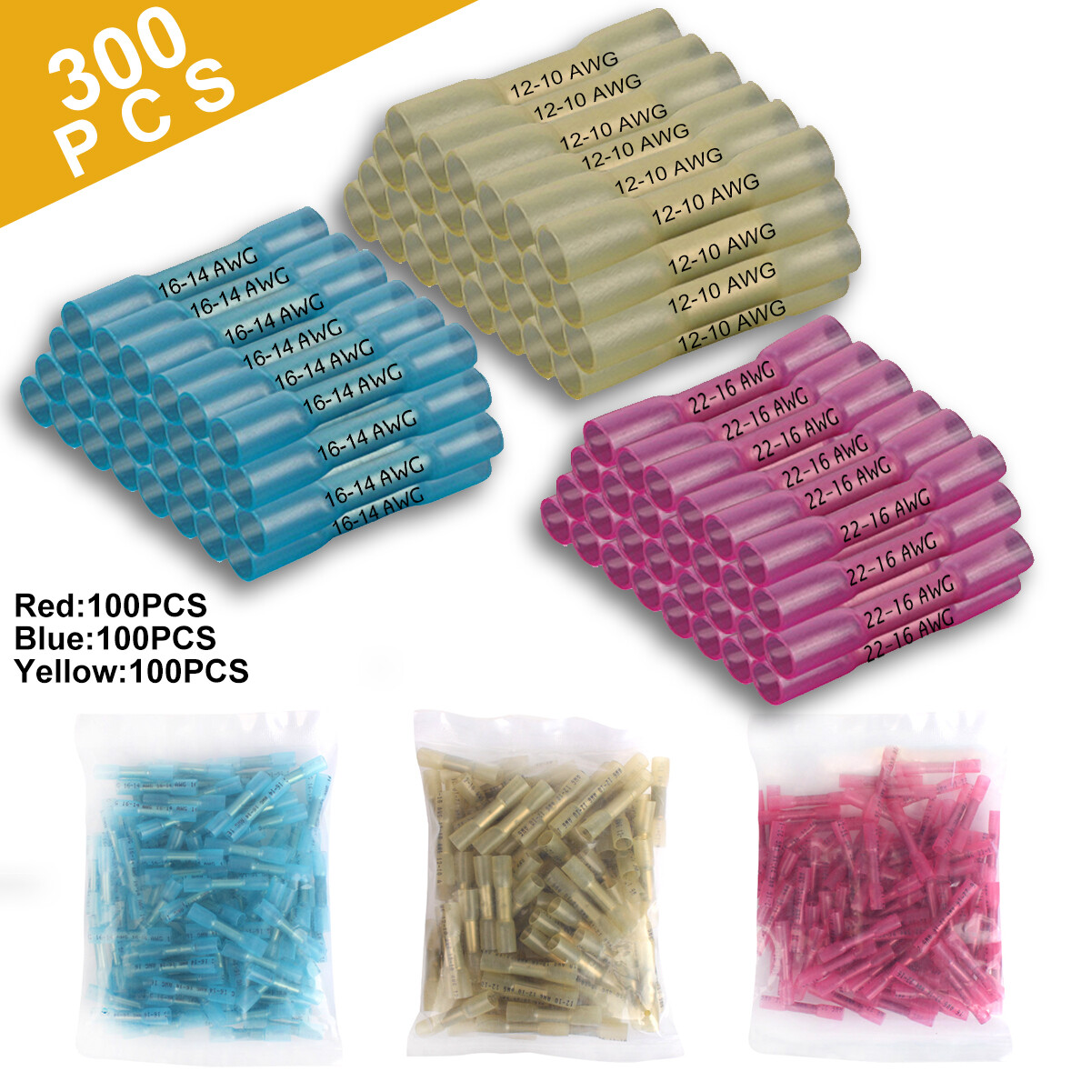 300PCS Heat Shrink Butt Wire Splice Connectors Crimp Terminals AWG 10-22 Gauge