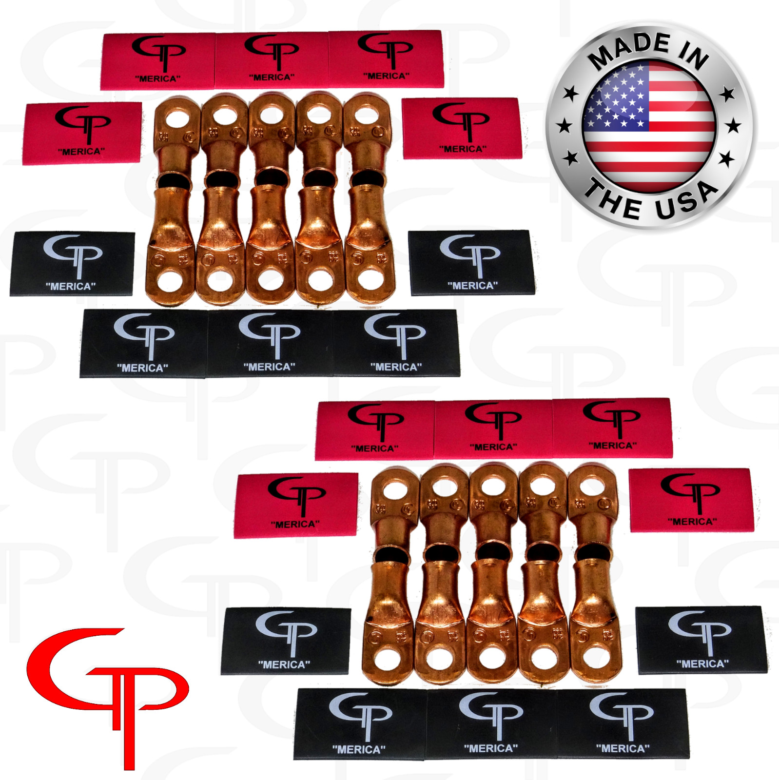 (20) 1/0 AWG Gauge Copper Lugs w/ RED & BLACK Heat Shrink Ring Terminals wire