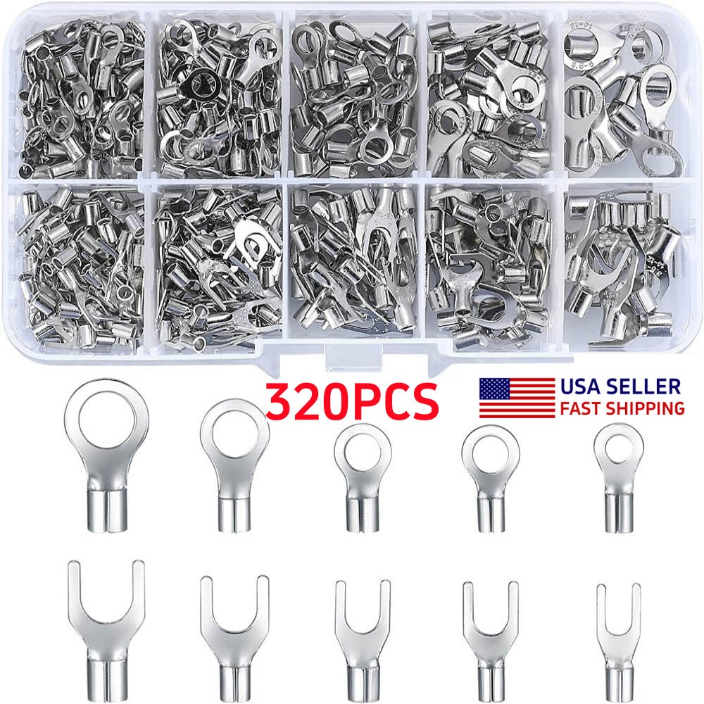 320pcs Non-insulated Copper Wire Connectors Ring Fork U-type Crimp Terminals Kit