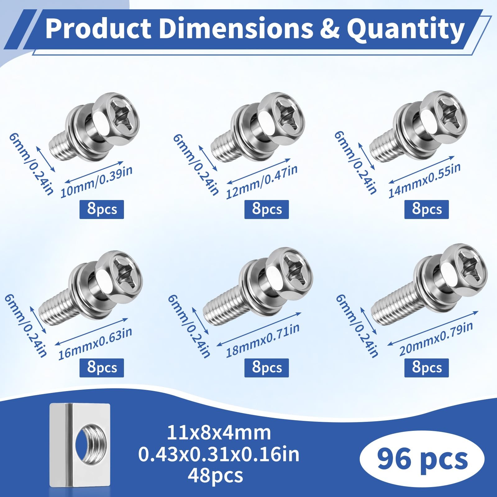 96 Pack Battery Terminal Bolts and Nuts Kit, 304 Stainless Steel