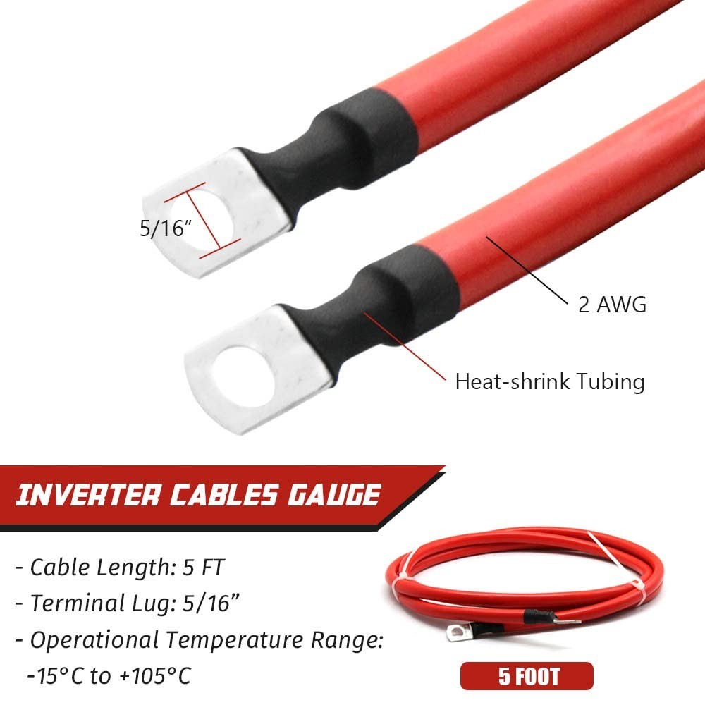 Heavy Duty 2 AWG Battery Cables 5FT – 2x Pure Copper, 5/16 Lugs, Heat Resista…