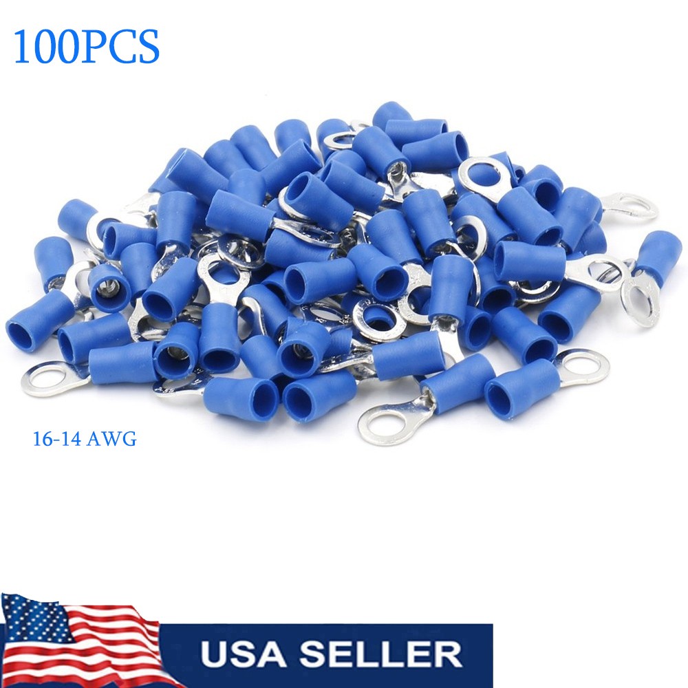 Vinyl Ring Terminal Connector Blue 16-14 AWG Gauge #10 Crimp Wire Power 100PCS