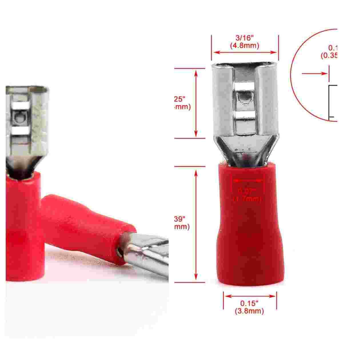 100/500Pcs Red FDD1.25-187 4.8mm 16-22AWG Female Spade Wire Crimp Terminals