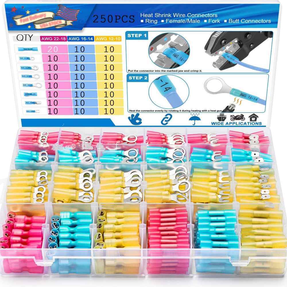 250Pcs Waterproof Heat Shrink Butt Wire Connectors Spade Ring Fork Terminals kit