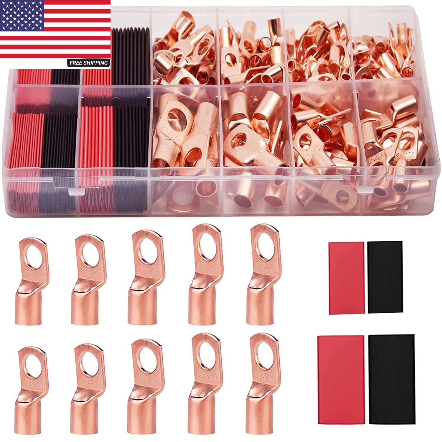 100Pcs Copper Wire Lugs AWG 6 8 10 12 with Heat Shrink Set, 50Pcs Battery Cable