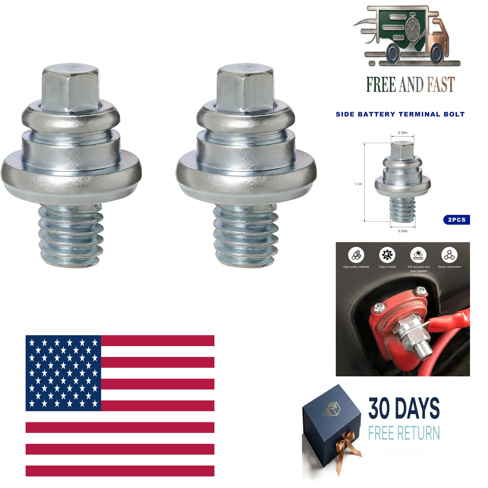 2 PCS Side Battery Terminal Bolts, 3/8″-16 Standard Batteries Extension Screws