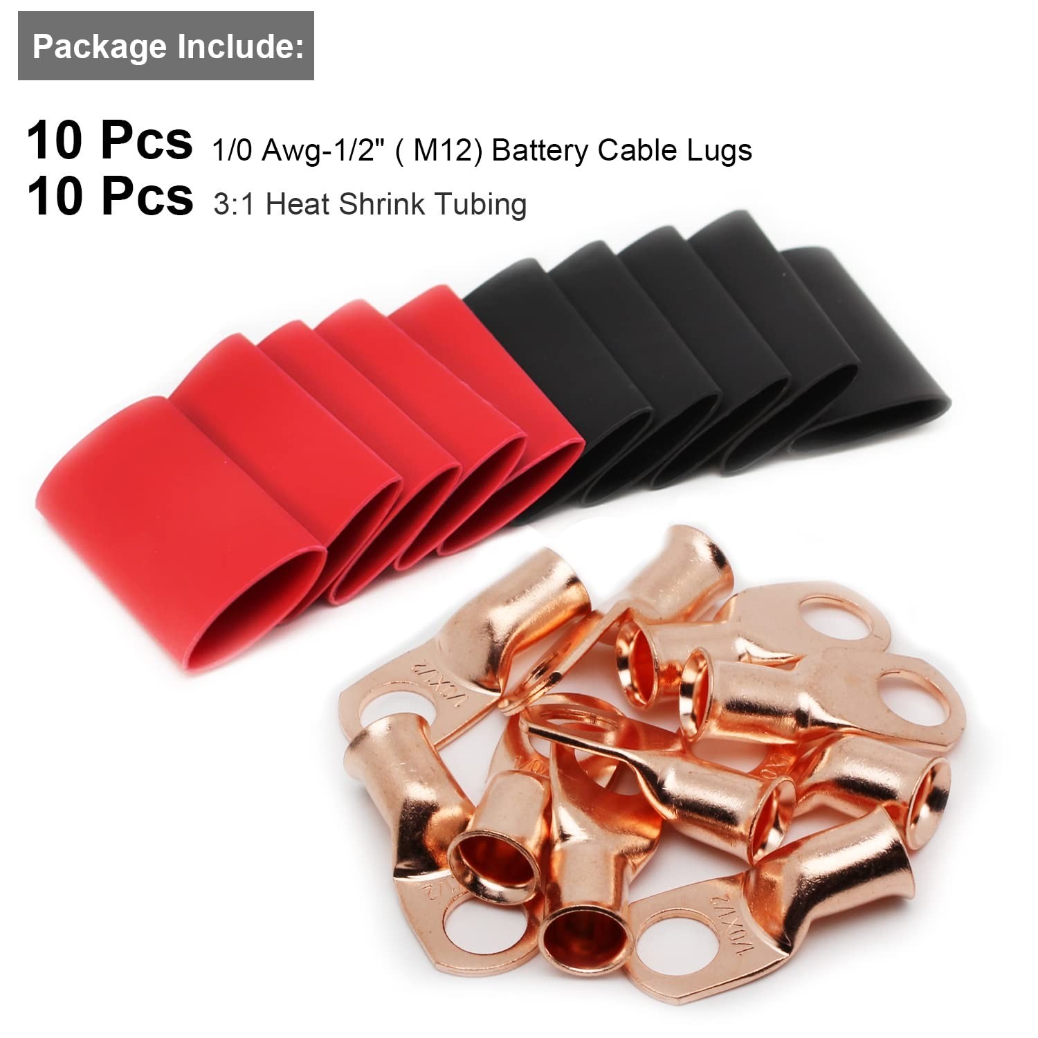 Heavy Duty Battery Terminal Connectors – 10pcs 1/0 AWG Copper with Shrink Tubes