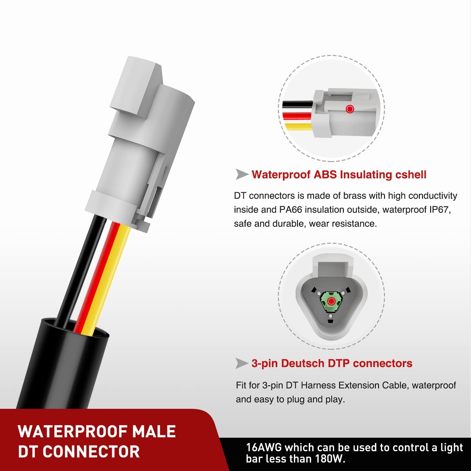 Nilight 2 PCS 16 AWG 10 Feet 3 Pin DT Connector Wiring Harness Extension Kit Plu