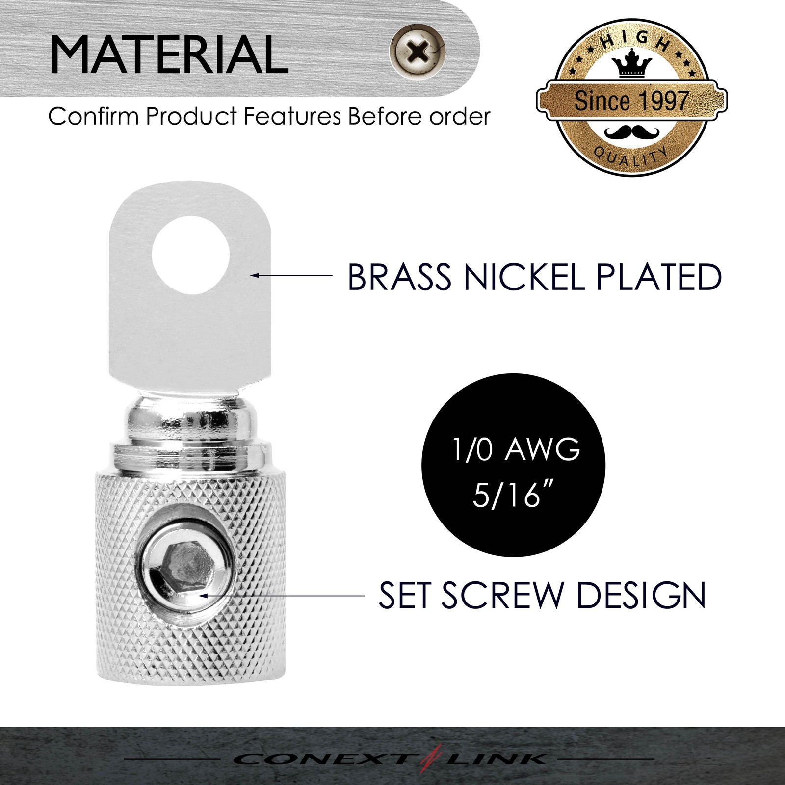 2 Set Screw Power Ring Terminal 1/0 2GA AWG Gauge 5/16″ Hole Brass Nickel Ground