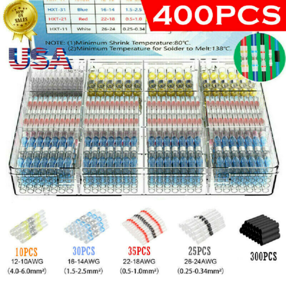 400PCS Waterproof Solder Seal Heat Shrink Wire Connectors Butt Terminal Kit Set