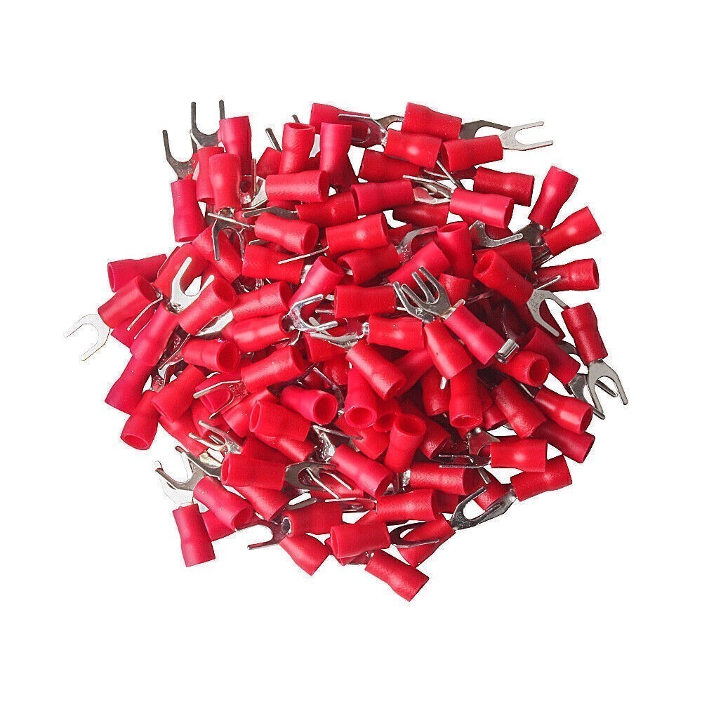 200pcs RED FORK SPADE TERMINAL 22-16GA #8 VINYL INSULATED CRIMP WIRE CONNECTOR