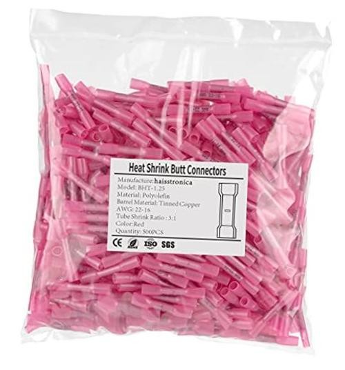 500PCS Red Heat Shrink Butt Connectors AWG22-16, Marine AWG22-16 Red 500pcs