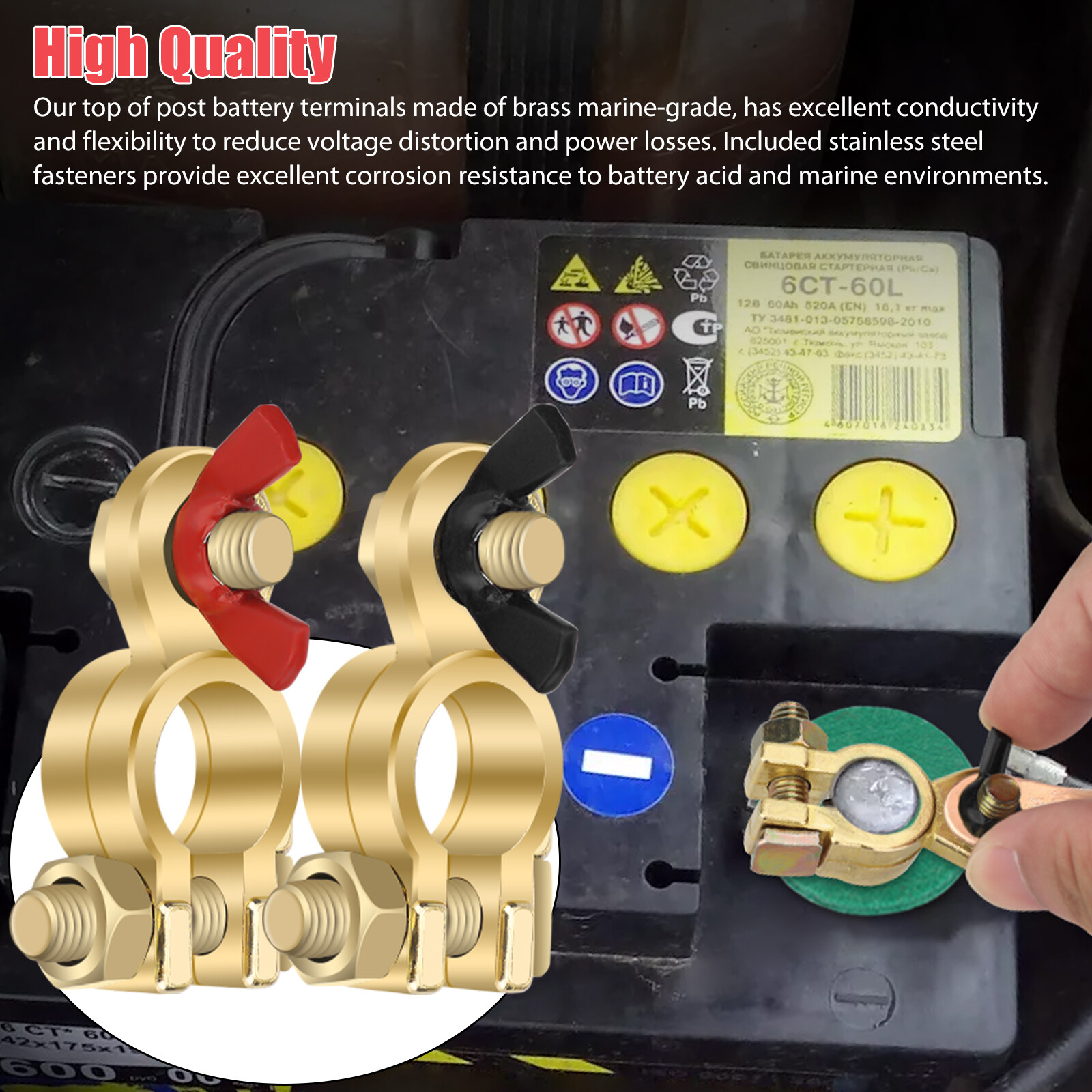 2x Solid Brass Battery Terminal Connector Top Post End Clamps Set for Car Marine