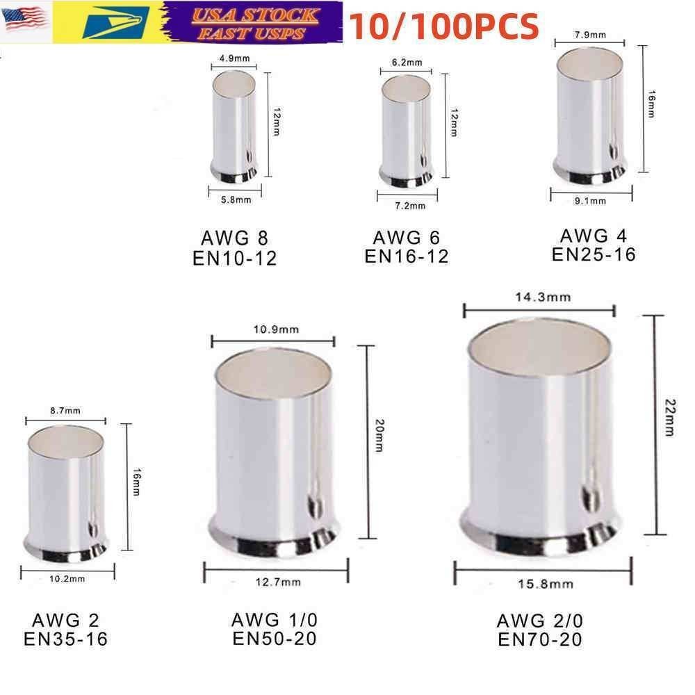 10-100PCS Gauge AWG (8 6 4 2 1/0 2/0) Wire Connectors Crimp Ferrules Terminals