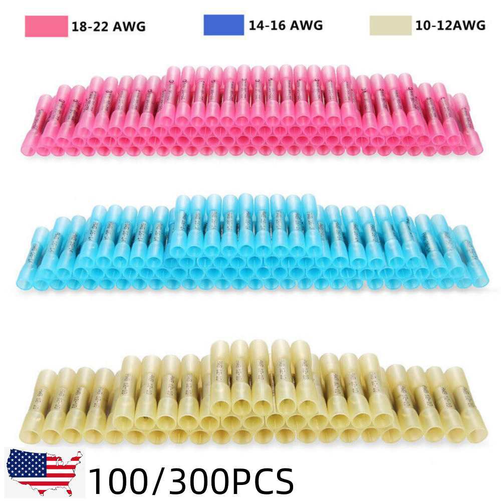 100/300X Heat Shrink Insulated Butt Crimp Wire Connector Terminals Assortment
