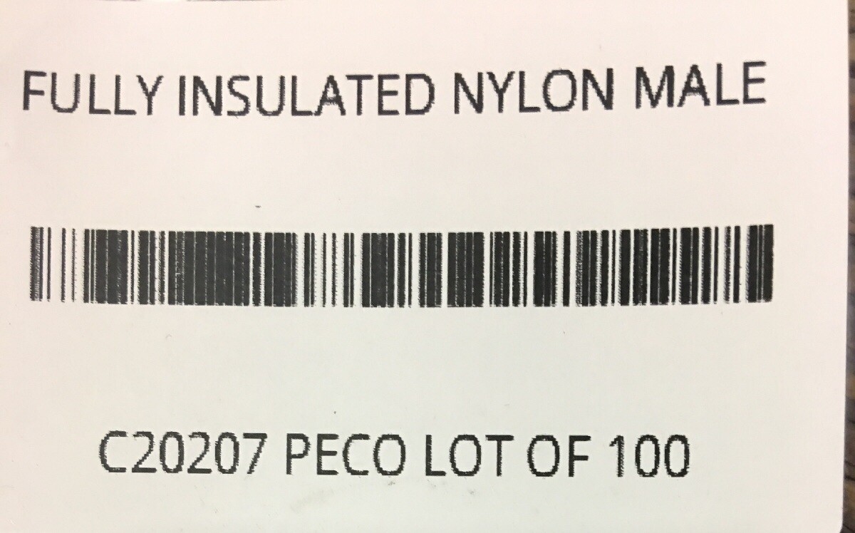 C20207 PECO FULLY INSULATED NYLON MALE QUICK DISCONNECT, LOT OF 100
