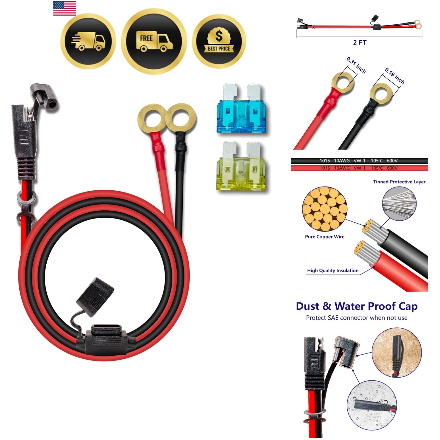10AWG 2FT Charger Cable, SAE to O Ring Terminal Quick Disconnect Harness, 2 P…