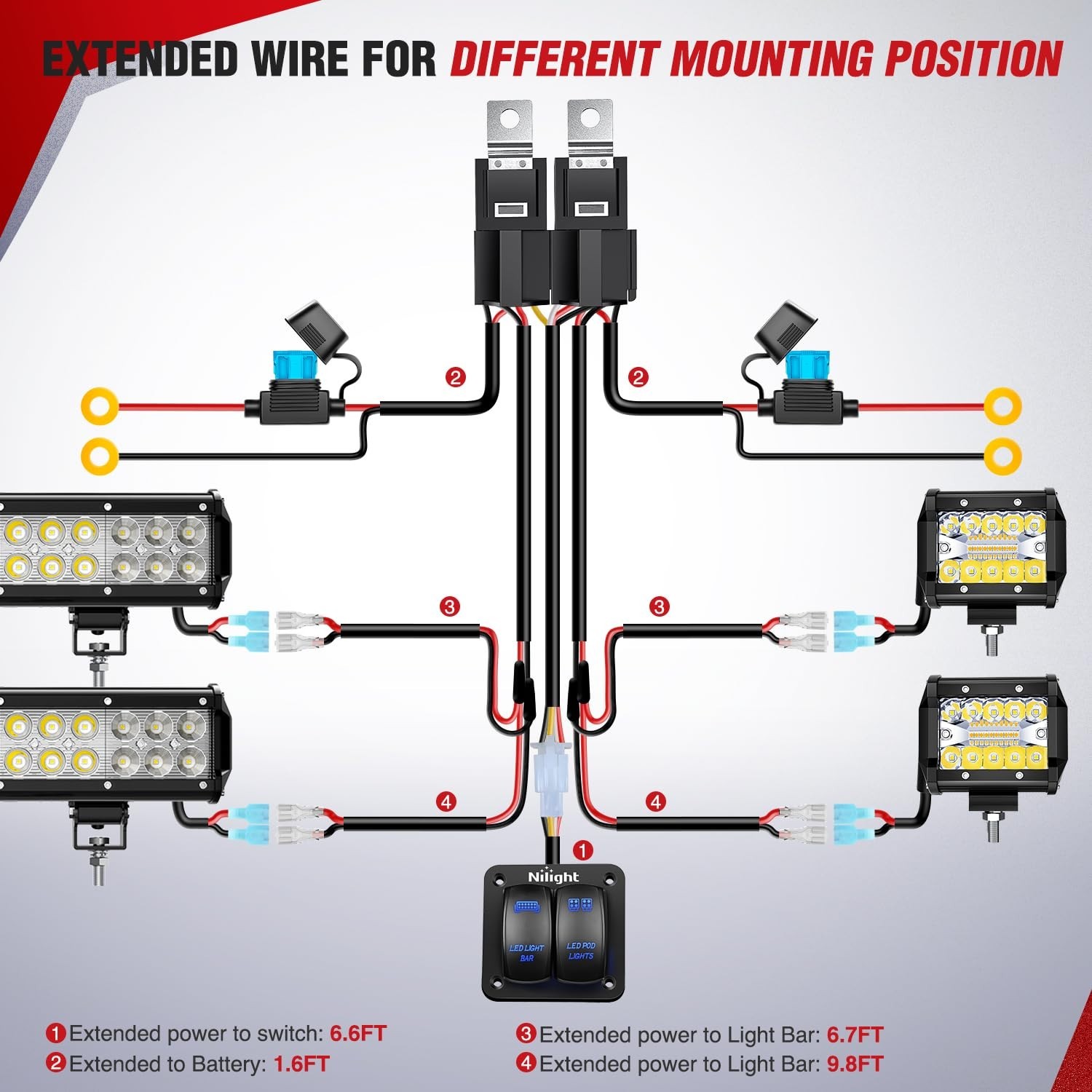 16AWG LED Light Bar Wiring Harness Kit 12V On/Off 2 Gang Rocker Switch Panel Pow