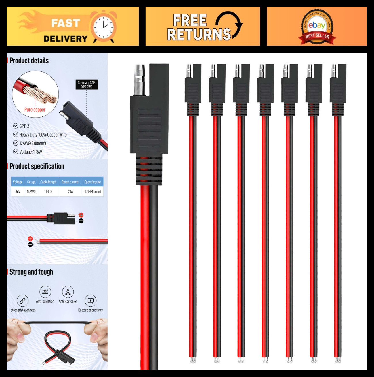 8-Pack 1ft 12AWG SAE Quick Connector Extension Cable for Solar, Motorcycle, Vehi