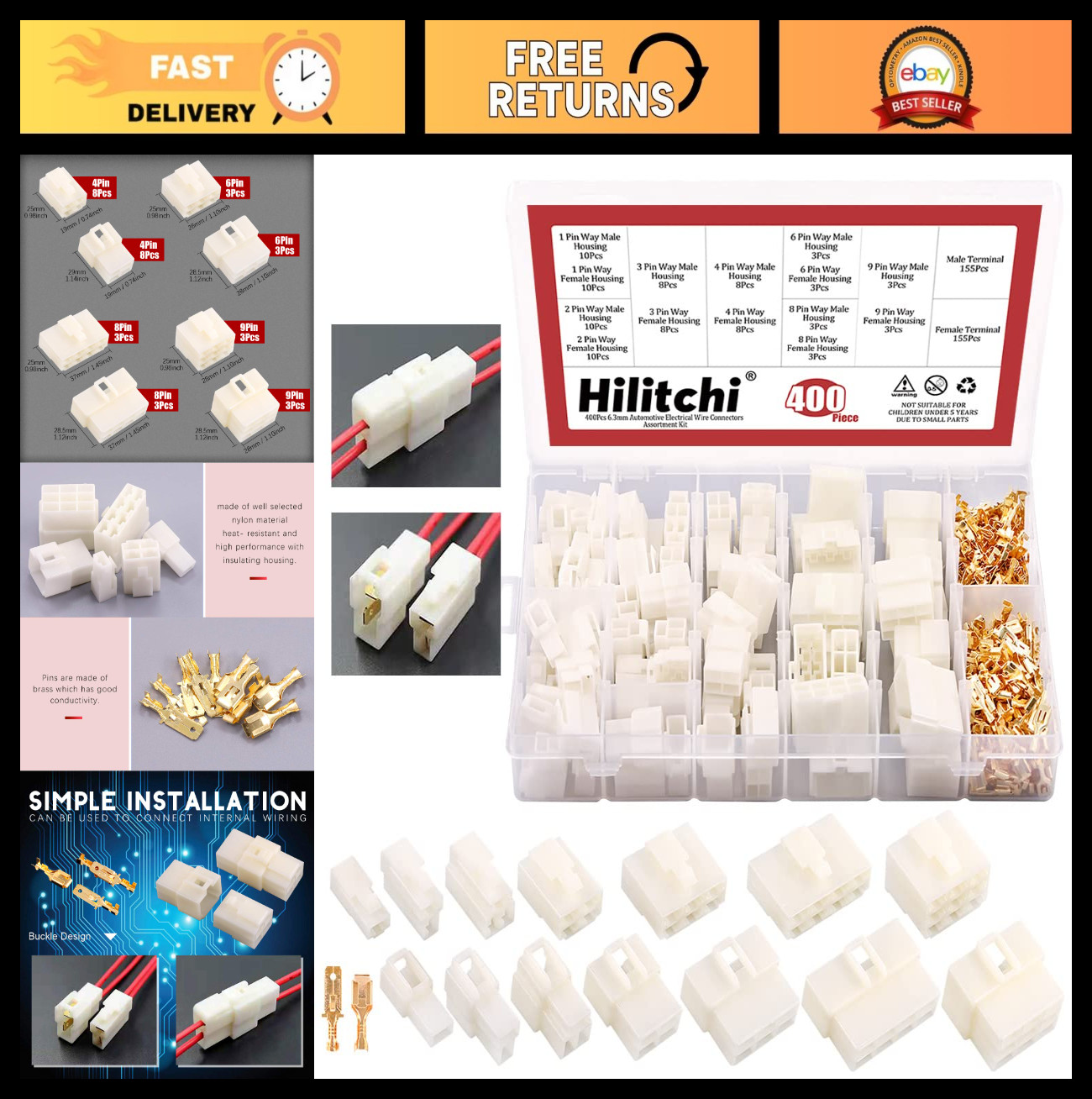 6.3MM Automotive Wire Connectors Kit – 400Pcs Male Female Socket Plug Terminals