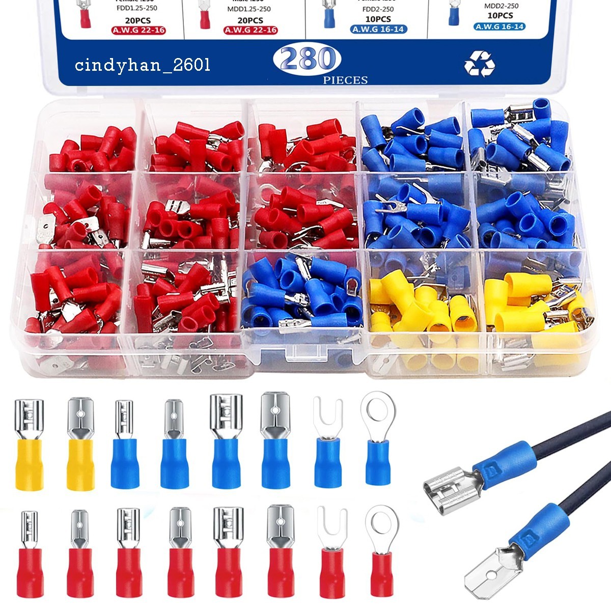 1200PCS Assorted Insulated Electrical Wire Terminals Crimp Connectors Spade Kit