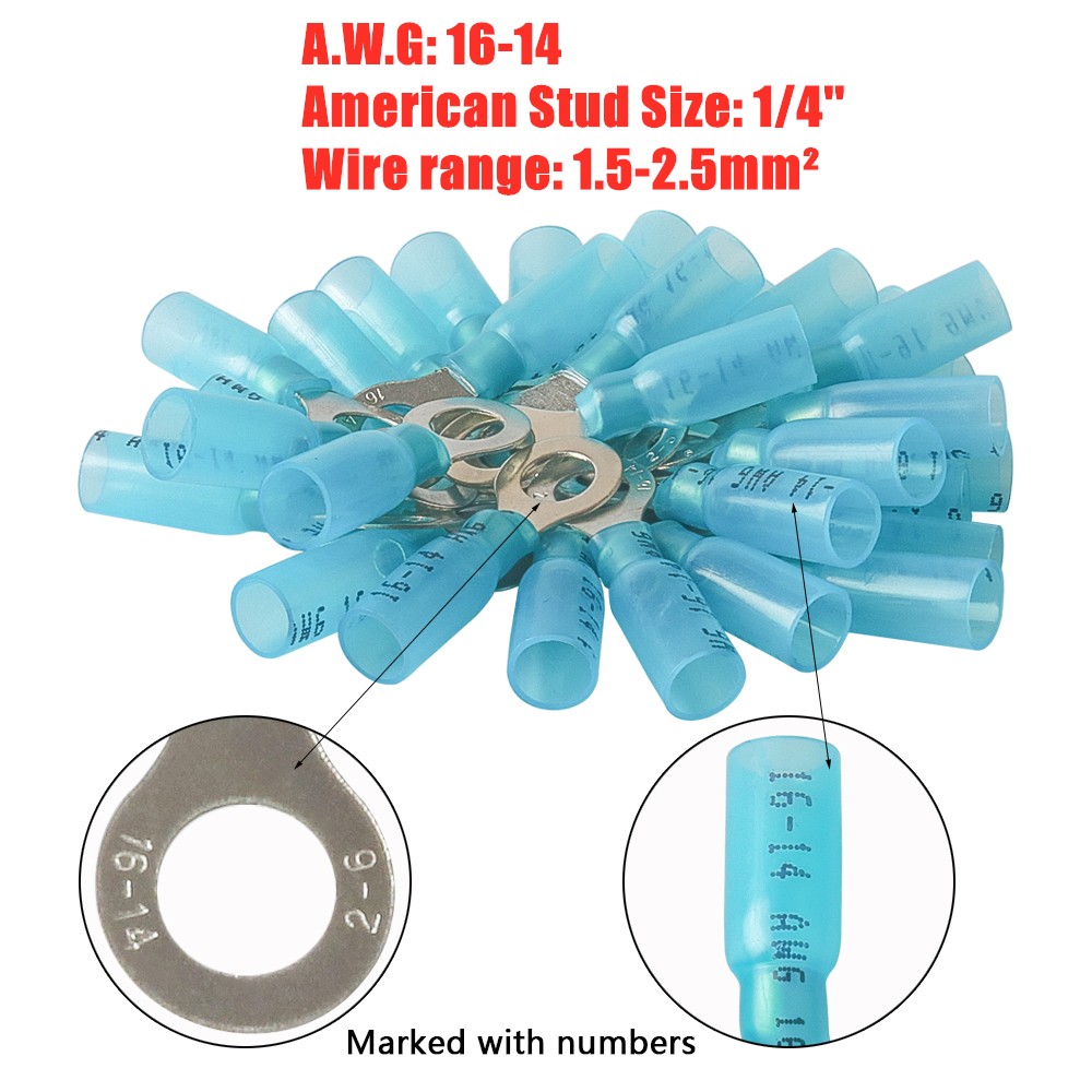 Blue 16-14 AWG Heat Shrink Ring Terminals Marine Wire Connectors 1/4″ Stud