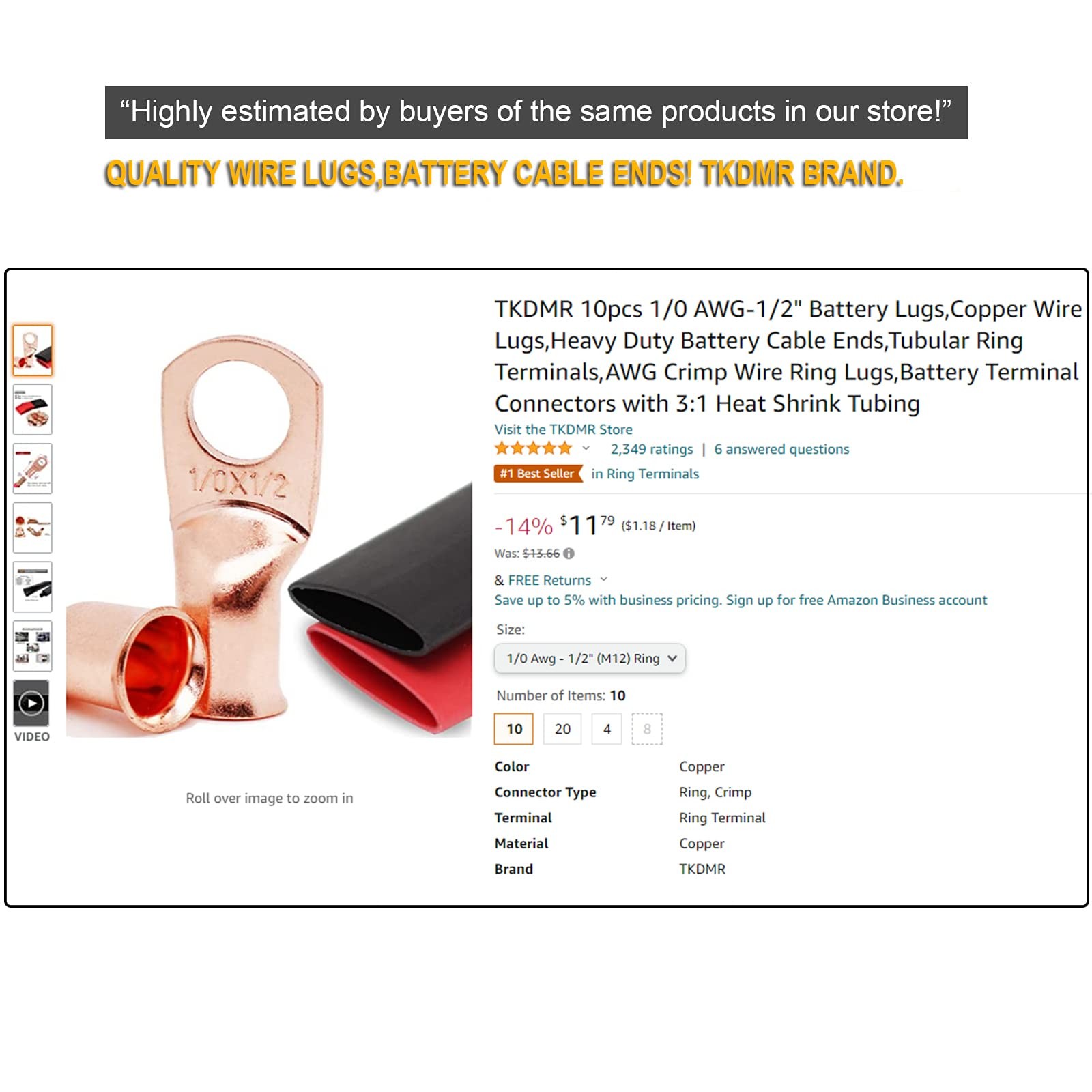 8Pcs 4/0 AWG 3/8 Ring Tinned Copper Battery Cable Lugs with Shrink Tubing for Ma