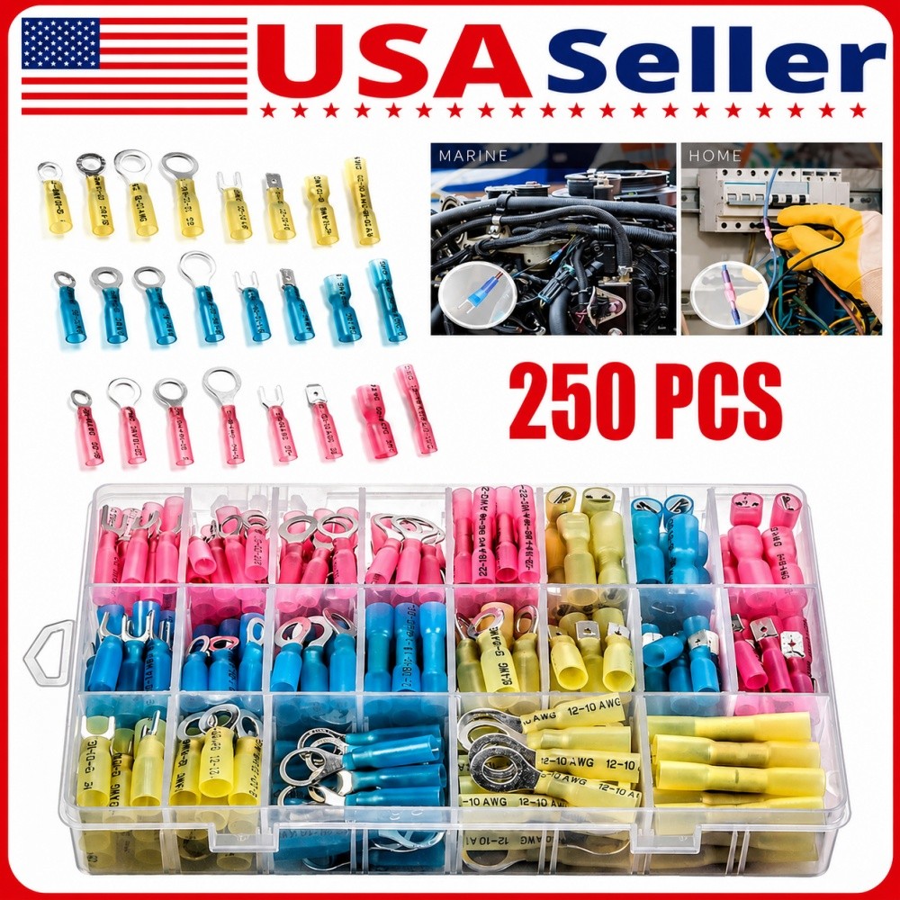 250x Heat Shrink Wire Connectors Electrical Ring Fork Spade Crimp Terminals Kit
