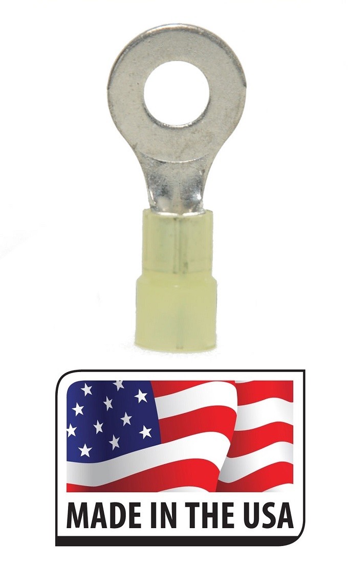 (100) 12 – 10 YELLOW NYLON RING TERMINAL 5/16 ELECTRICAL CONNECTOR MADE IN USA