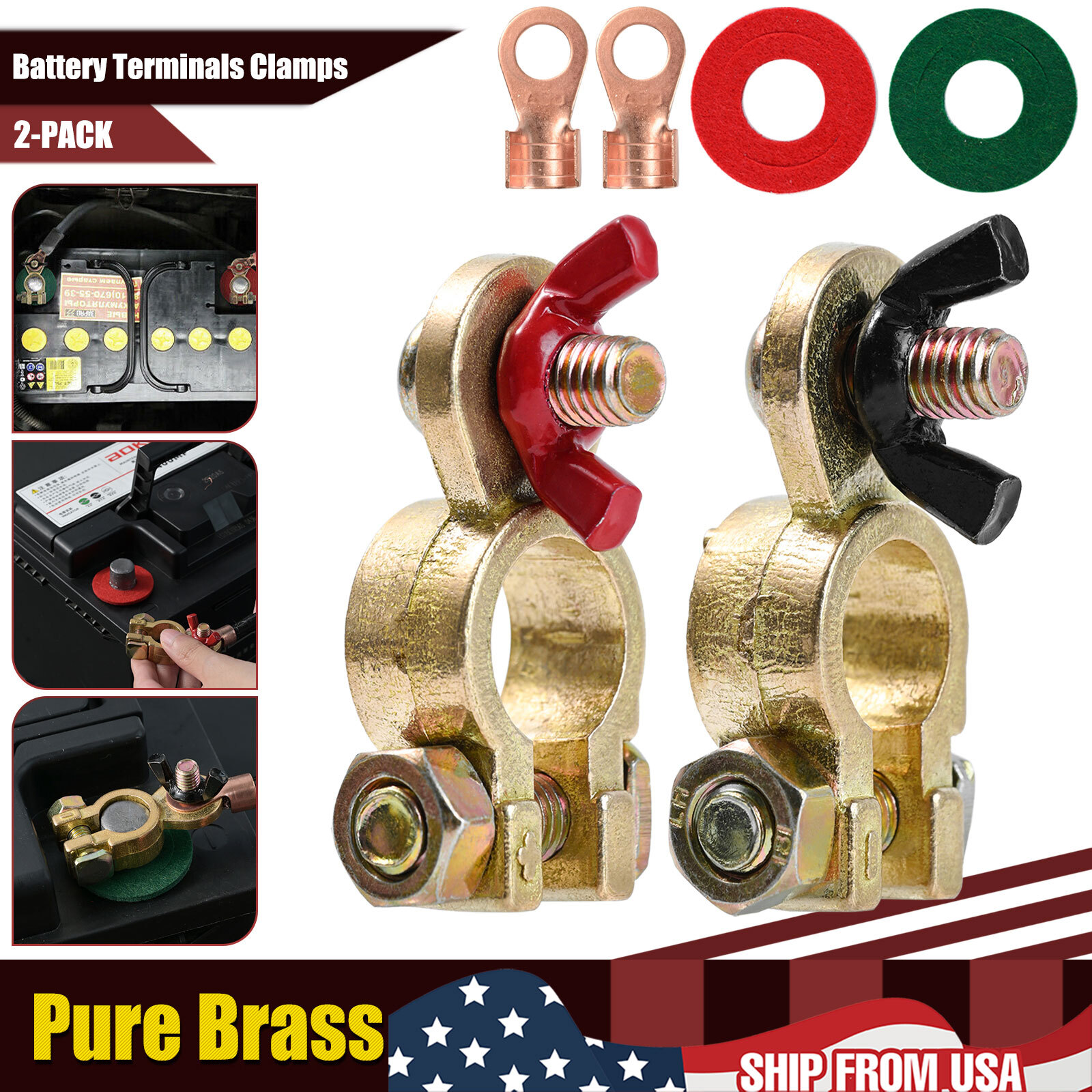 2x Heavy Duty Car Battery Terminal Connector Positive Negative 12V Brass Clamps