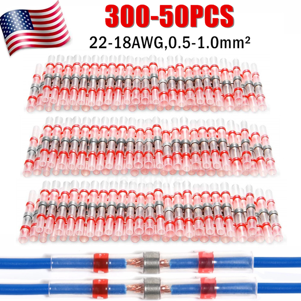 300-50PC Solder Seal Heat Shrink Butt Wire Connector Terminal Waterproof 22-18GA